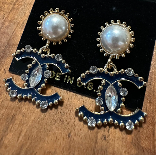 Luxury Fashion CC Earrings - Blue and Red Dangle Earrings