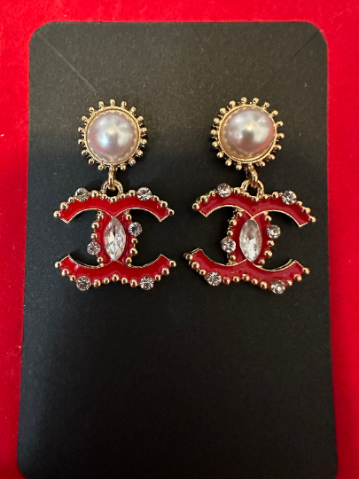 Luxury Fashion CC Earrings - Blue and Red Dangle Earrings
