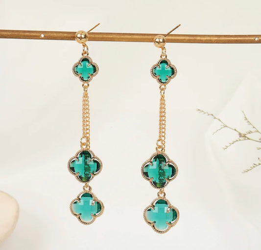 Luxury Fashion Earrings - Crystal Stones - Four Leaf Clover Long Earrings