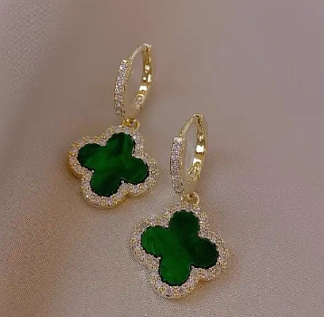 Four Leaf Clover Luxury Brass Earrings - Black & Green