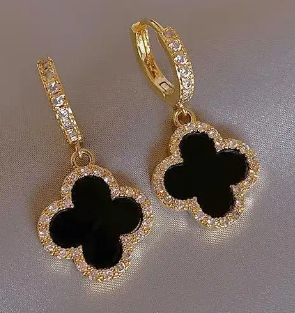 Four Leaf Clover Luxury Brass Earrings - Black & Green